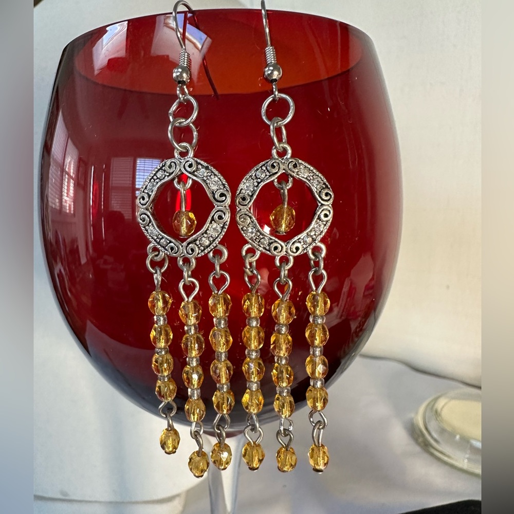 Sparkly faceted honey yellow and sparkly rhinestones earrings